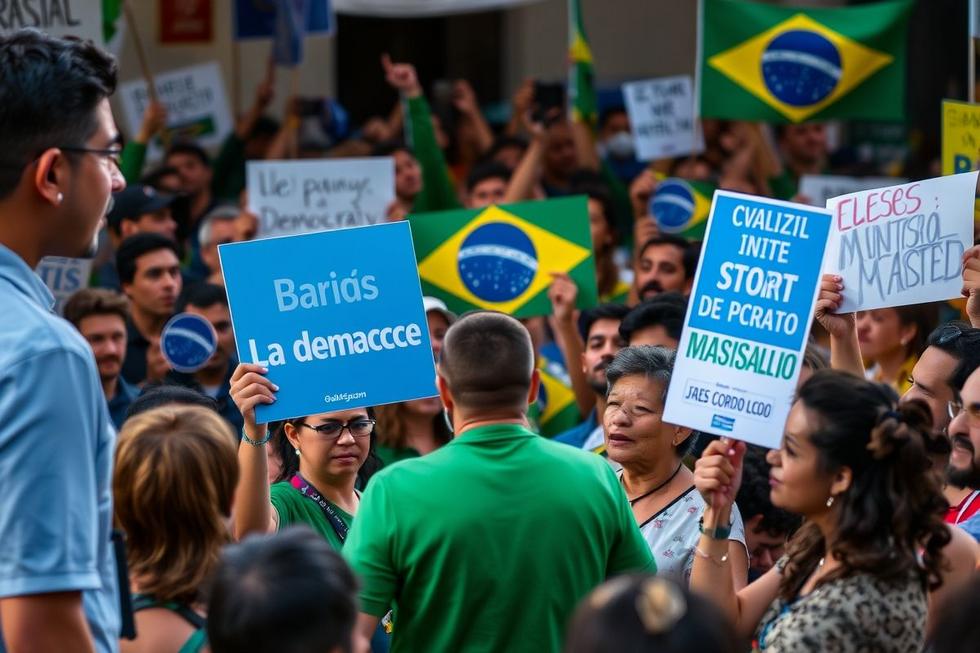 Pessoas discutindo sobre política brasileira, simbolizando engajamento e democracia.