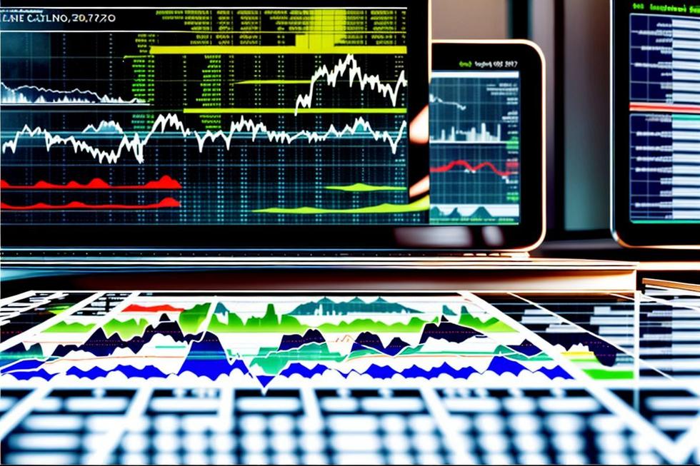 Panorama financeiro com gráficos de dados e investidores analisando informações.