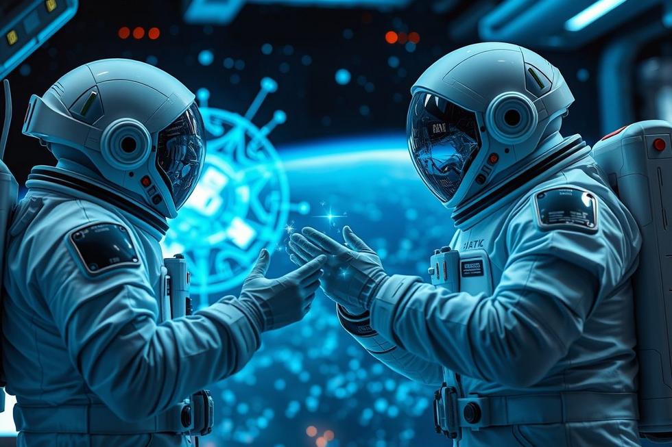 Astronautas utilizando tecnologia de assistente médico de IA.