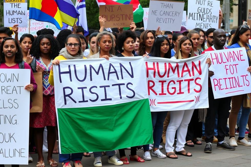Imagem poderosa de ativismo pelos direitos humanos, mostrando a união por justiça.