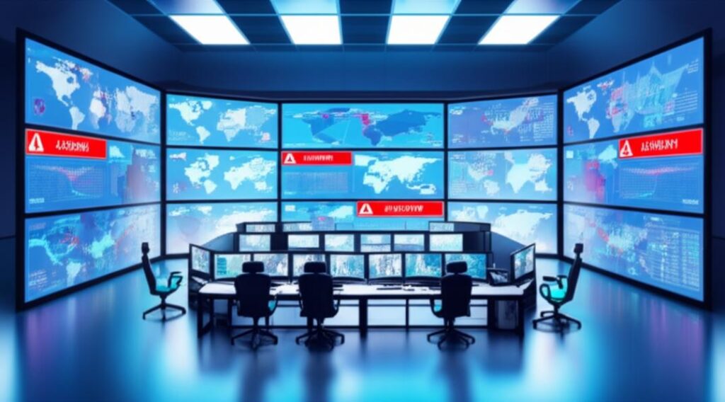 Centro de monitoramento de segurança digital com dados de ameaças.