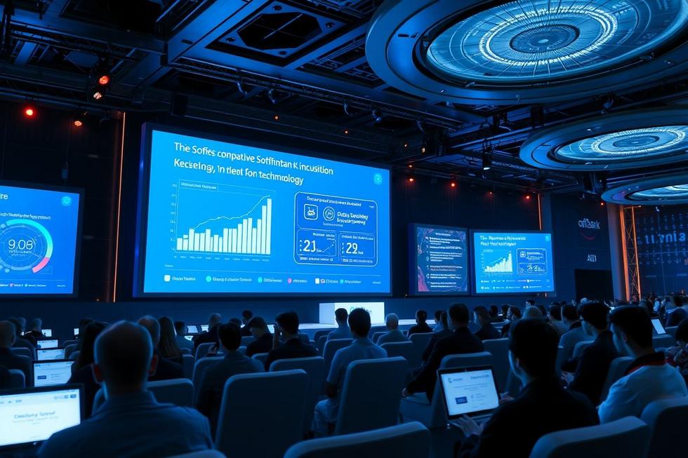 Futuristic AI conference with data visuals representing the effects of SoftBank's acquisition.