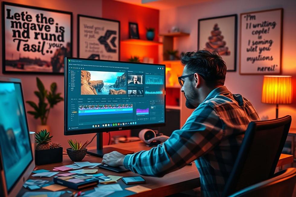 Um criador de conteúdo focado na edição de vídeo com software avançado.