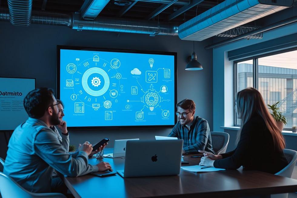 Equipe em ambiente colaborativo discutindo desenvolvimento em inteligência artificial.