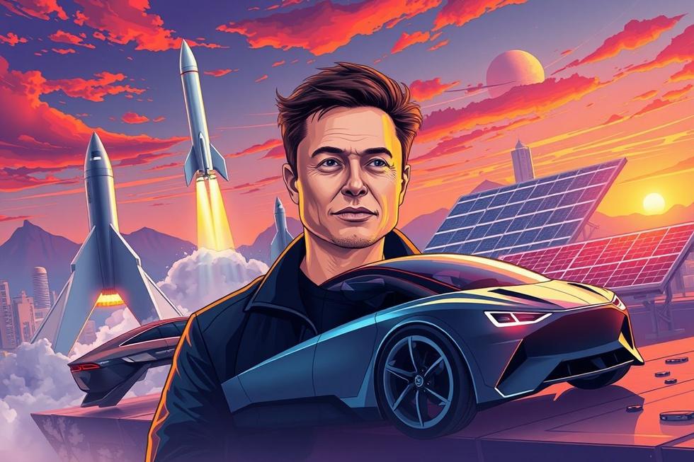 Elon Musk rodeado por inovações como foguetes, carros elétricos e energia solar.