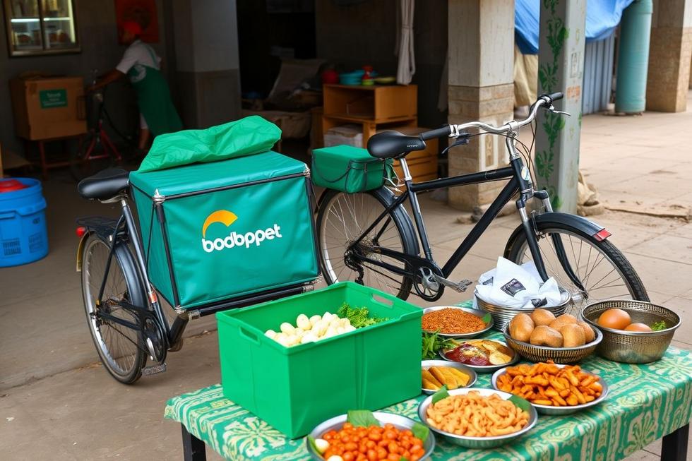Composição de bicicletas de entrega e uma variedade de alimentos locais, representando o setor de delivery na Nigéria.