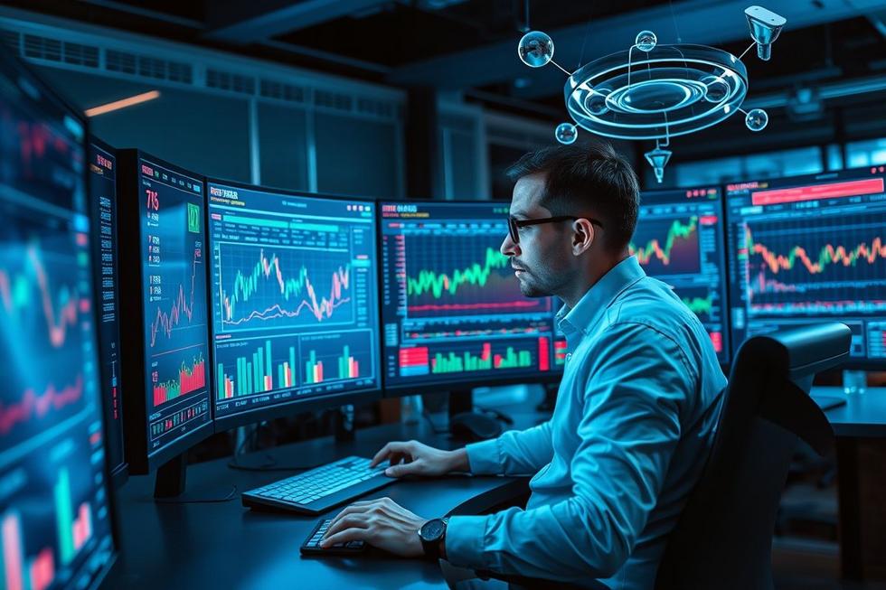 Analista financeiro utilizando tecnologia e ferramentas de IA para análise de investimentos.