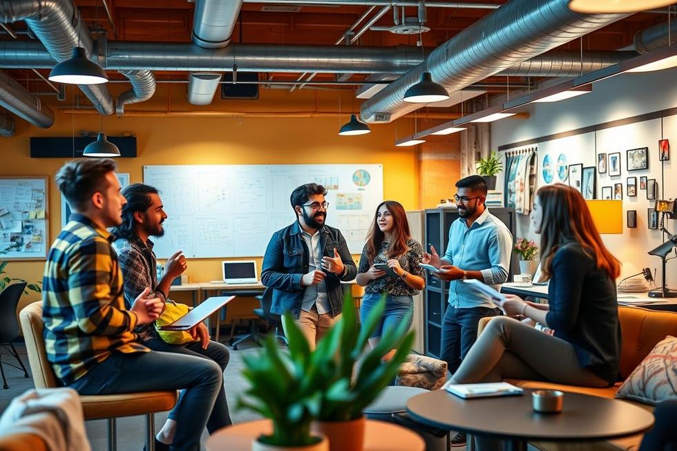 Grupo de fundadores discutindo estratégias de saída em um ambiente de startup vibrante.