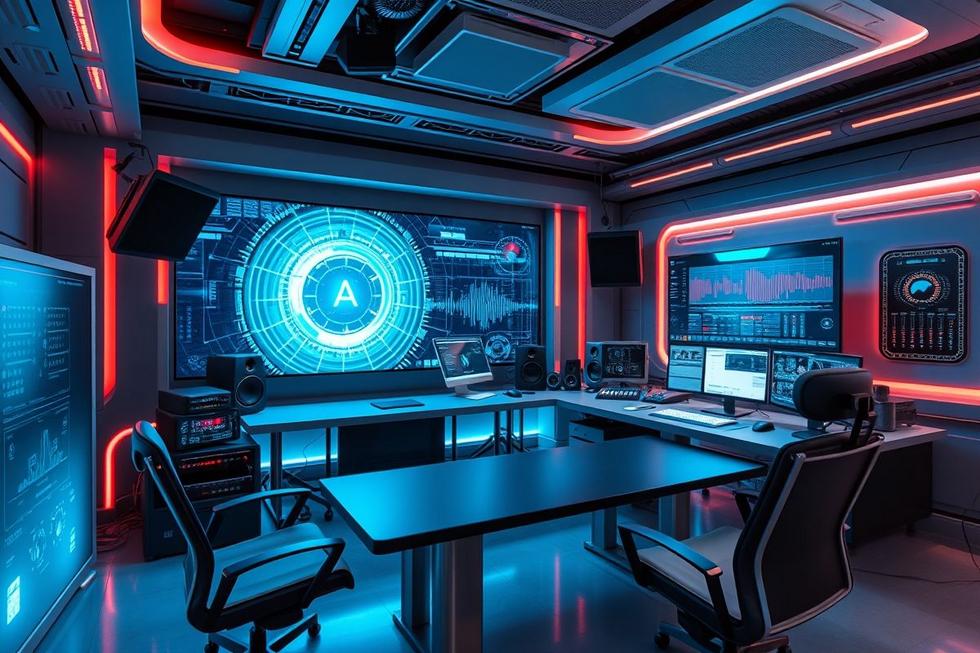 Configuração de escritório futurista com tecnologia de áudio avançada.