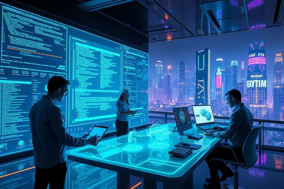 Imagem futurista de IA e desenvolvedores colaborando no GPT-5