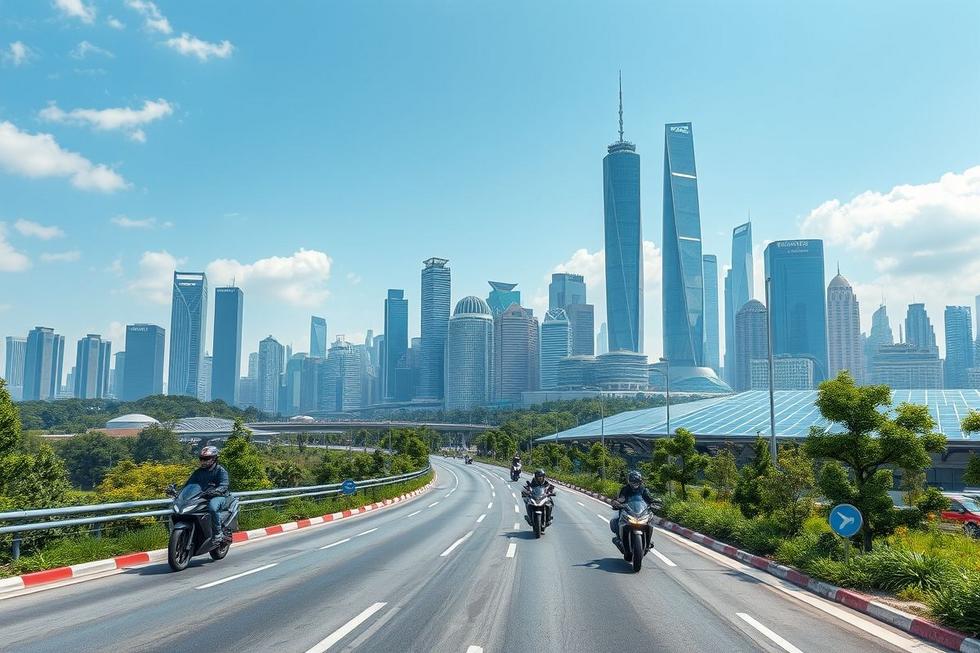 Cidade futurística com motocicletas elétricas.