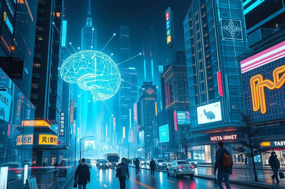 Cidade futurista com integração de tecnologia de interface cérebro-computador.