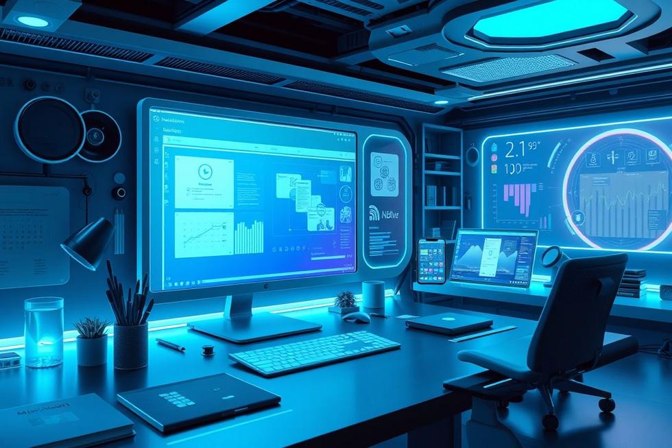 Ilustração de um espaço de trabalho digital futurista com ferramentas de produtividade.