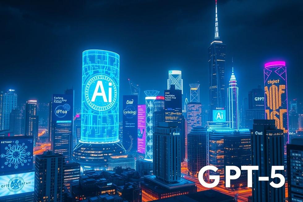Cidade futurista iluminada mostrando avanços em tecnologia de Inteligência Artificial.