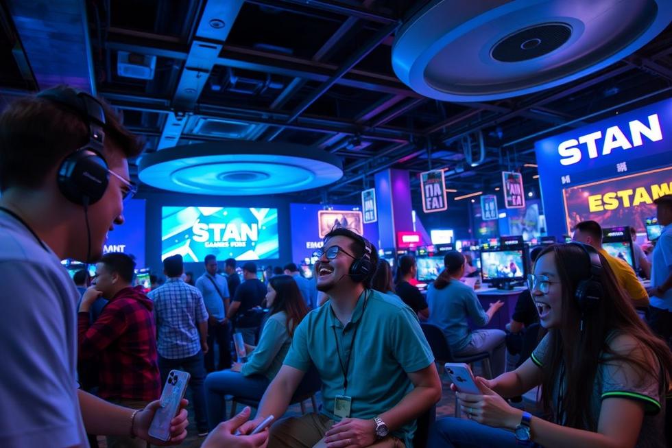 Grupo de gamers desfrutando de jogos sociais em um ambiente animado.