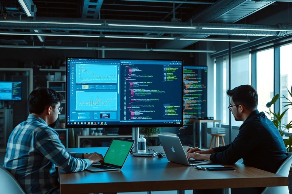Desenvolvedores colaborando em um ambiente de trabalho moderno com GitHub.
