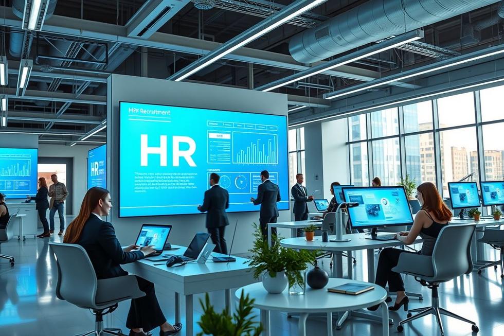Ambiente de escritório moderno com tecnologia de recrutamento em uso