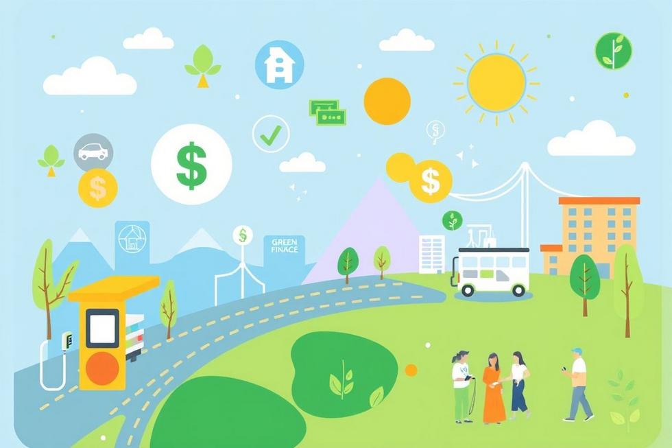 Ilustração representando a interseção de finanças e infraestrutura sustentável de veículos elétricos.