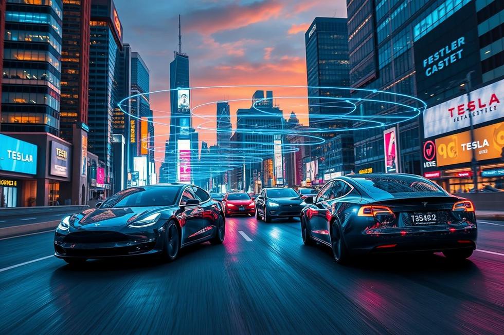 Direção autônoma com veículos Tesla em um cenário urbano.