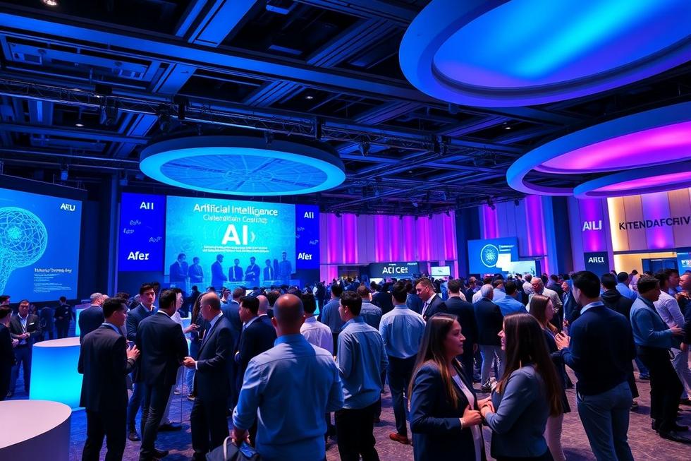 Evento corporativo celebrando a inovação em Inteligência Artificial.