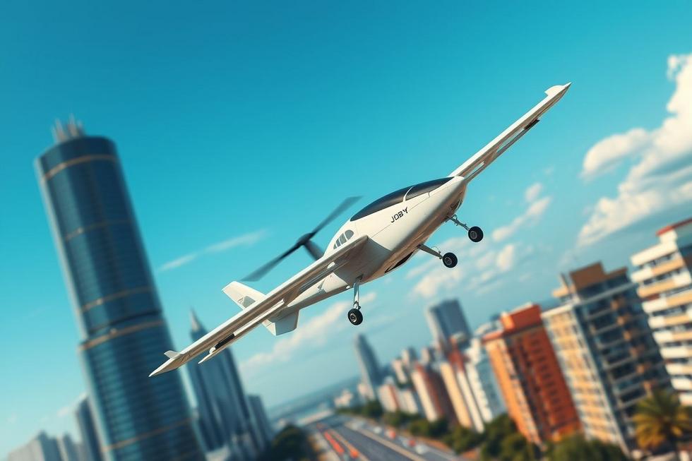 Aeronave de decolagem vertical da Joby em uma cidade moderna.