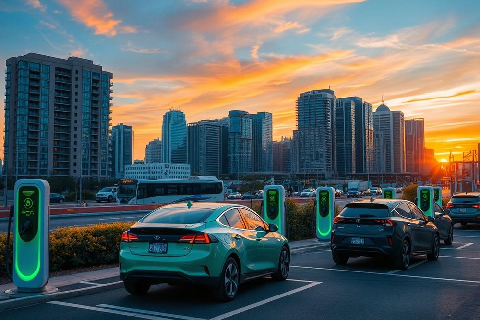 Cenário noturno de mobilidade elétrica em uma cidade.
