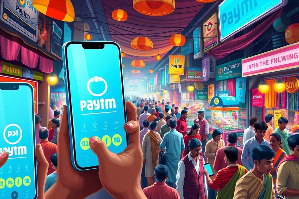 Ilustração do Paytm em um mercado fintech vibrante