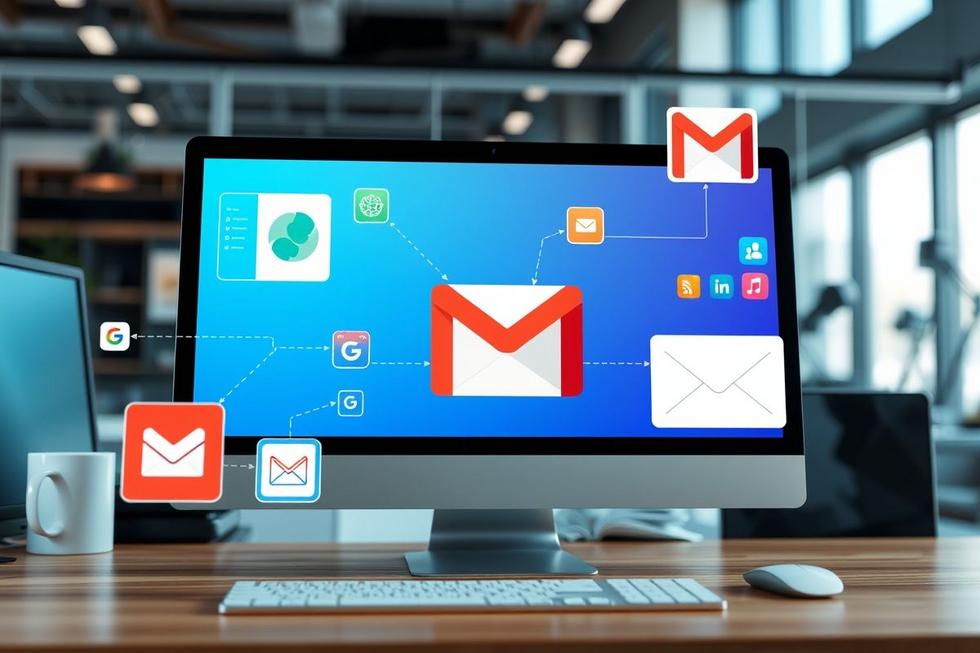 Diversos aplicativos de produtividade conectados ao Gmail em um ambiente de trabalho moderno.