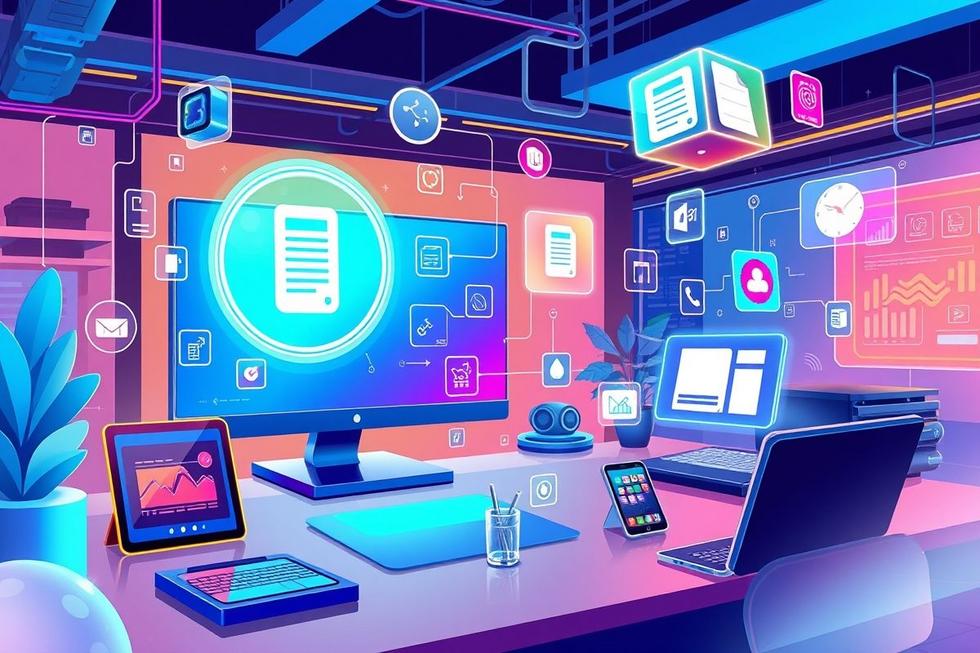 Ilustração de ferramentas de produtividade destacando Microsoft Lens.