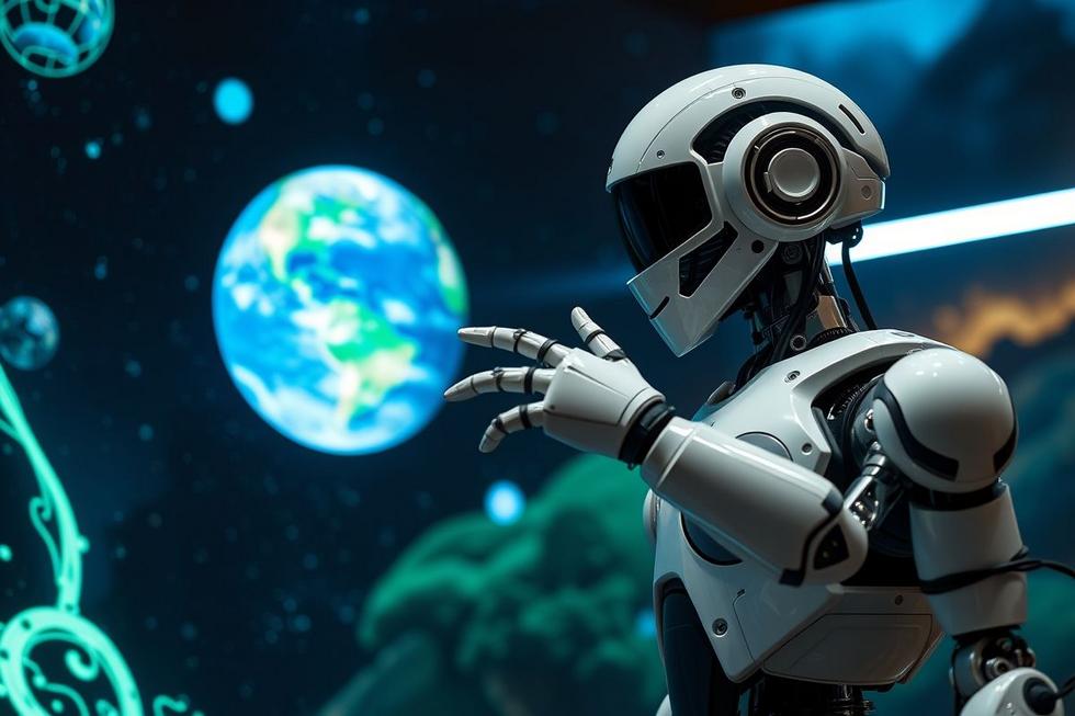 Robô interagindo em um ambiente virtual utilizando os modelos de mundo da Nvidia.