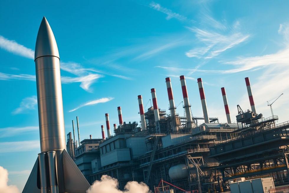 Foguete em primeiro plano com fábrica ao fundo simbolizando a união da tecnologia de defesa e espacial.