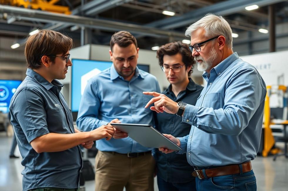 Engenheiros na indústria aeroespacial discutindo inovações tecnológicas.