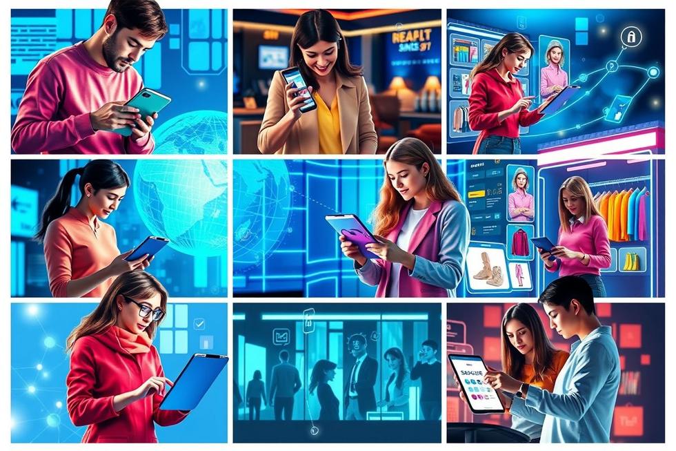 Colagem ilustrando diferentes cenários de compras online e a autonomia do consumidor.