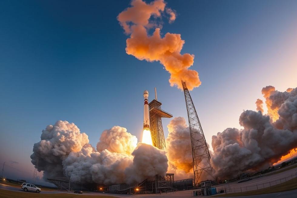 Rocket launch at SpaceX launchpad, showcasing modern space exploration.