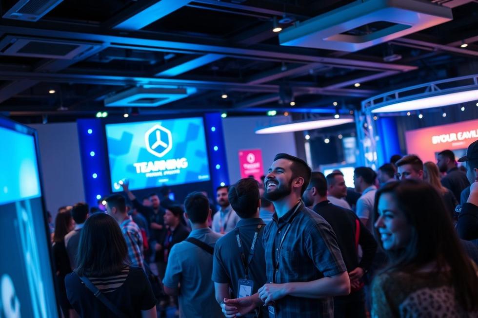 Empreendedores de startups animados interagindo com clientes em um evento de tecnologia