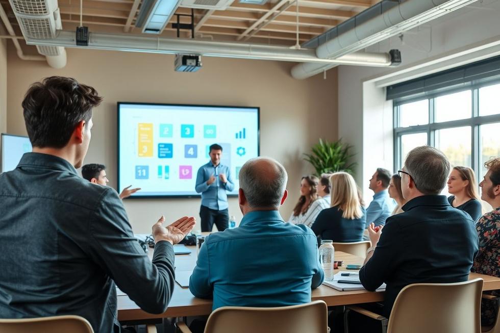 Fundador de startup apresentando ideias a investidores.