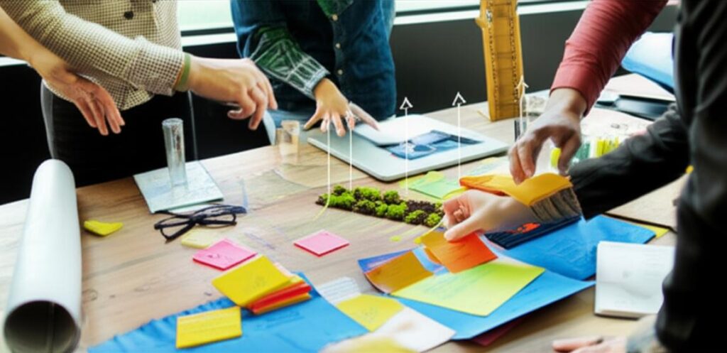 Cenário de startup com empreendedores trabalhando juntos para o crescimento.