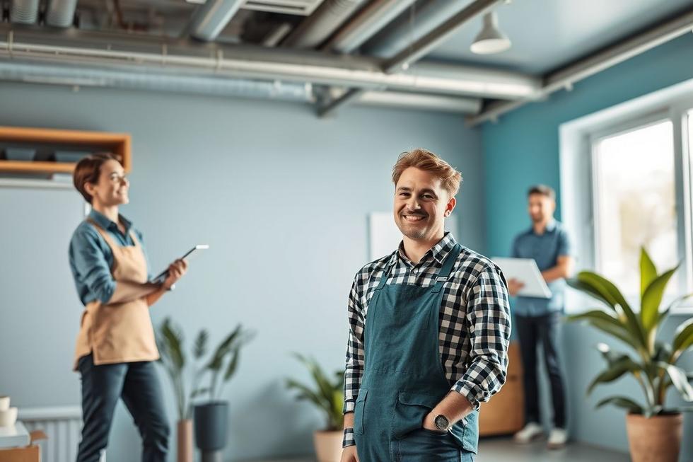 Imagem mostrando uma startup de serviços domésticos de sucesso com clientes satisfeitos e equipe feliz.