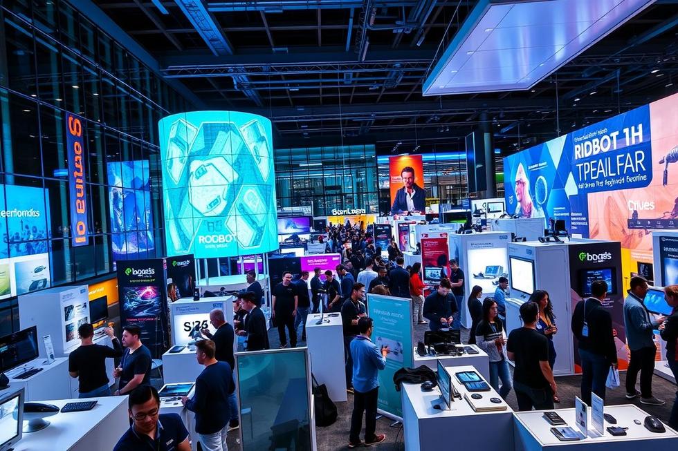 Diferentes startups exibindo produtos em um evento de tecnologia.