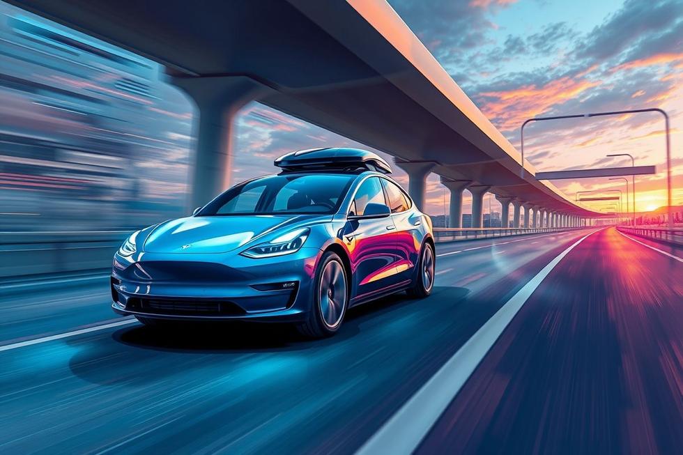 Veículo autônomo Tesla em uma rodovia.