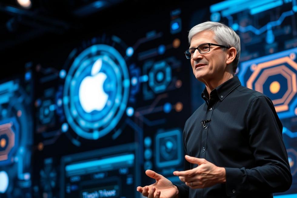 Tim Cook em evento da Apple discutindo inteligência artificial.