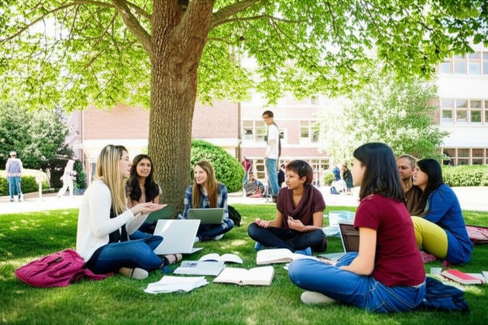 Estudantes discutindo em um campus universitário sob árvores.