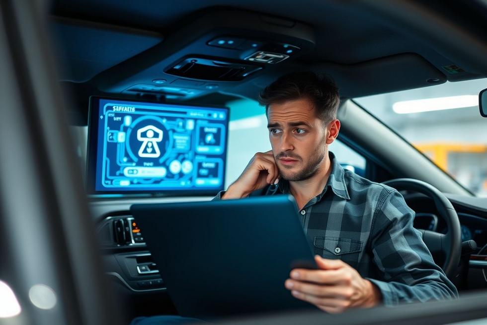 Uma pessoa inspecionando sistemas eletrônicos de um carro moderno.