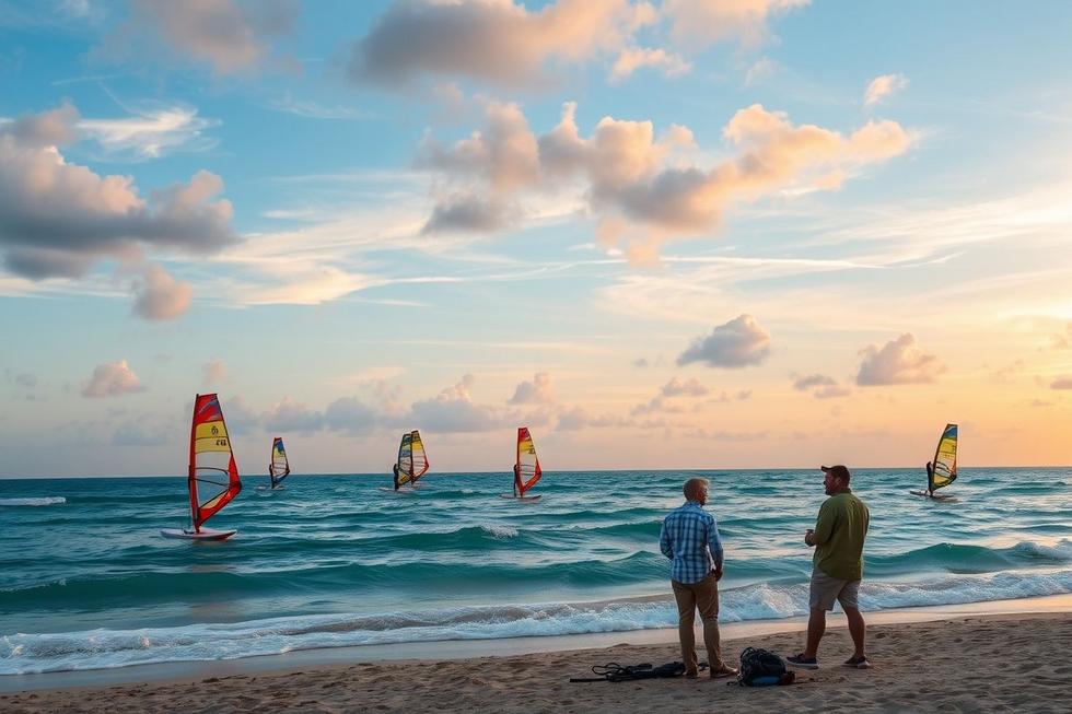 Cenário de windsurf com investidores e praticantes no pôr do sol.